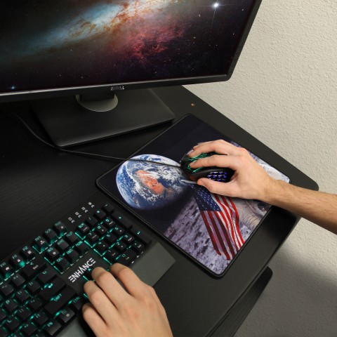 ENHANCE XL Funny Large Cat Gaming Mouse Pad with Patriotic Cat Astronaut - Black
