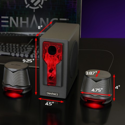 2.1 High Excursion Computer Speakers with Subwoofer - Red LED Gaming Speakers - Red