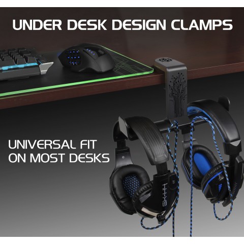 ENHANCE Gaming Headset Holder Hanger Mount - Adjustable Under Desk Design - Black