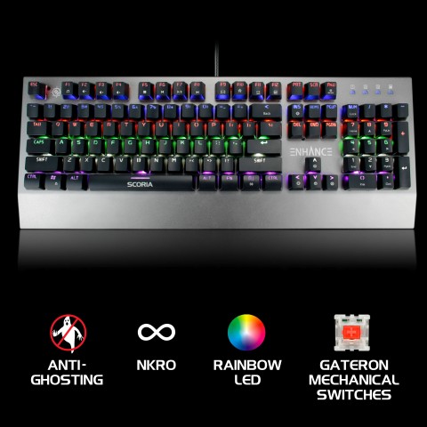 N-Key Rollover ENHANCE LED Mechanical Gaming Keyboard Anti Ghosting 10 Lighting Modes Scoria Tournament Keyboard Red Switches 104 Backlit Keys Pro Series FPS/MOBA Brushed Aluminum Metal 